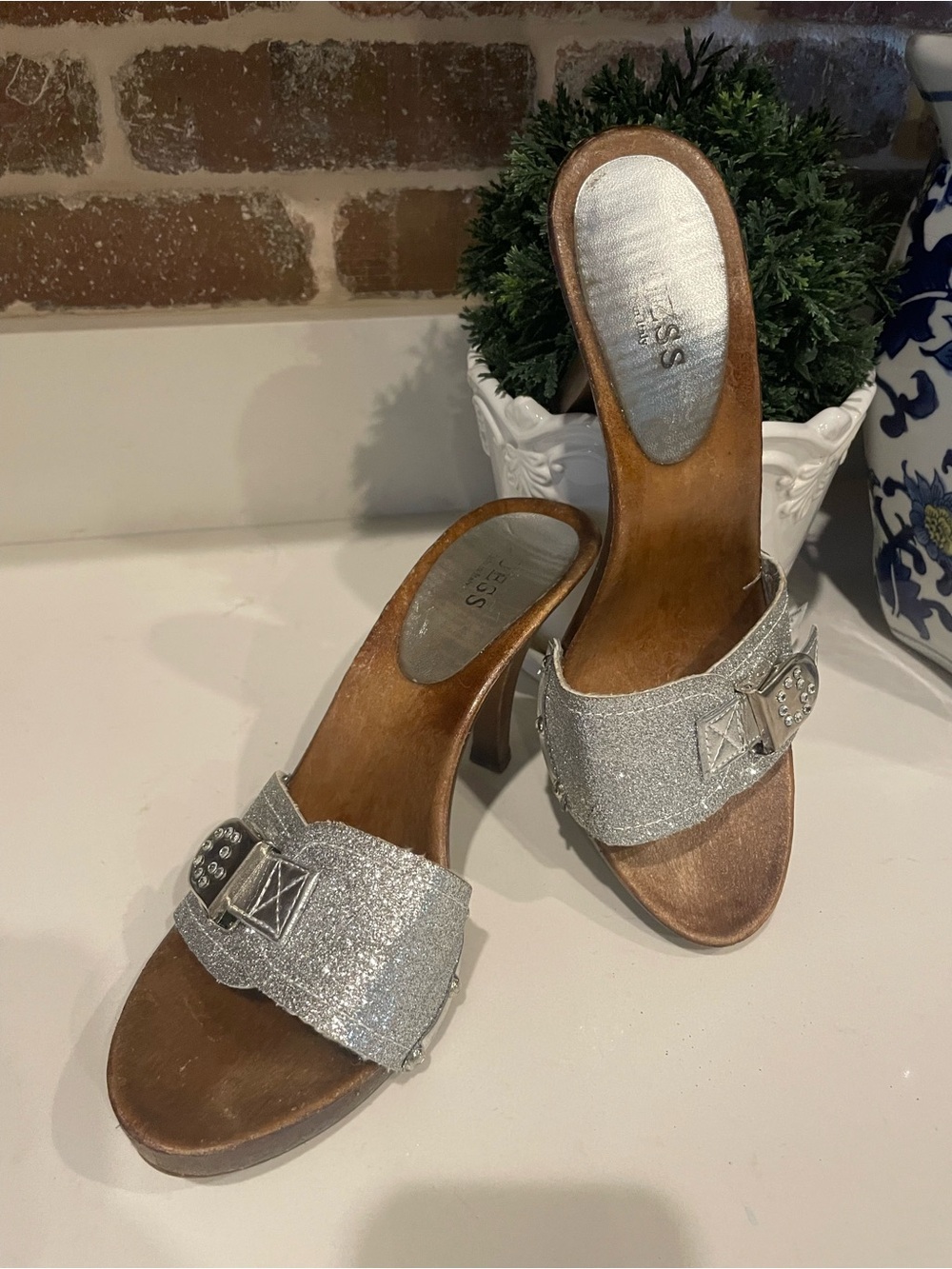 Guess Silver Glitter Open-Toe Slide Heels